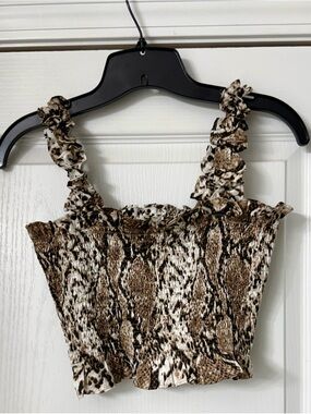 Vestique Brown and Cream Smocked Snake Print Crop Top